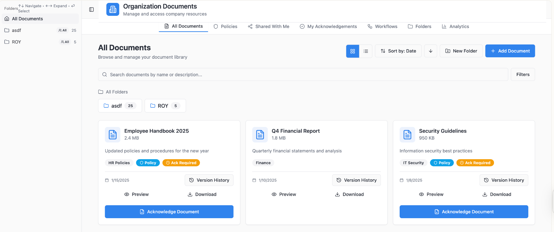 FlowDoc Document Management Dashboard - Organization documents with folders, policies, and acknowledgement tracking